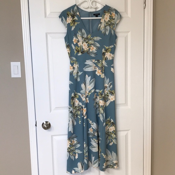 Elegant Teal Floral Maxi Dress; Front Slit; Fully Lined; Keyhole in Back; Sz 2 - Picture 4 of 15